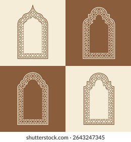 Set elegant Arabic ornamental window frame vector, arabesque geometric shapes and intricate patterns
