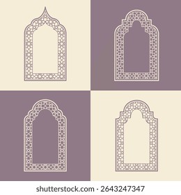 Set elegant Arabic ornamental window frame vector, arabesque geometric shapes and intricate patterns