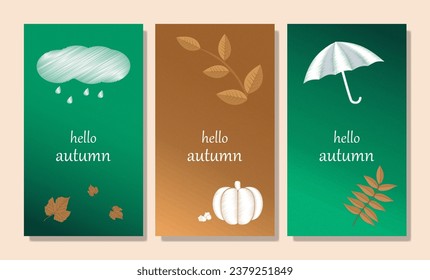Set of elegant Autumn poster, invitation, postcards and frame leaflet, brochure cover or web banner. Vector illustration voucher template with colorful leaves