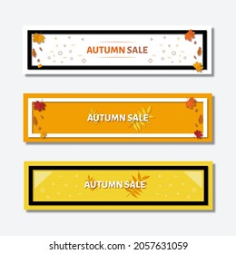 Set von elegantem Herbstwebbanner. Vektorgrafik-Vorlage mit bunten Blättern zum Verkauf Werbung. Weiße, orangefarbene und gelbe Webbanner mit Rahmen.