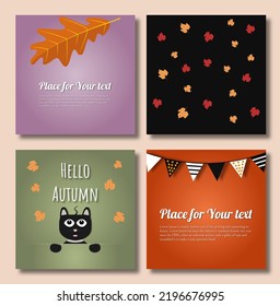 Set von elegantem Herbstwebbanner. Vektorgrafik-Vorlage mit bunten Blättern, zum Verkauf Werbung. Der Herbst hinterlässt Hintergrund mit Platz für Text. Vektorgrafiken, Postkarten.