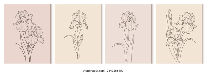 Um conjunto de fundos elegantes com flores de íris. Cartaz ou capa em cores suaves. Um vetor para panfletos, cartões postais, design, mídias sociais e publicidade.
