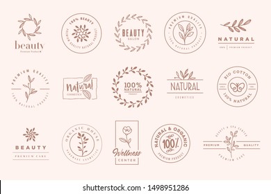 Set of elegant badges and stickers for beauty, natural and organic products, cosmetics, spa and wellness. Vector illustrations for graphic and web design, marketing material, product promotions.