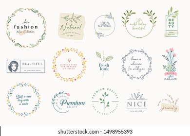 Set of elegant badges and stickers for beauty, natural and organic products, cosmetics, spa and wellness, fashion, jewelry, wedding. Vector illustrations for graphic and web design, marketing material