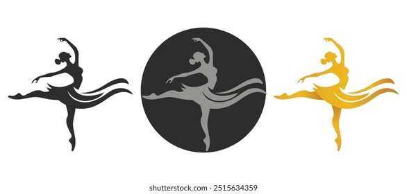 Set of elegant ballet dancer vector silhouettes in three different styles, perfect for logo creation, branding, or artistic projects.