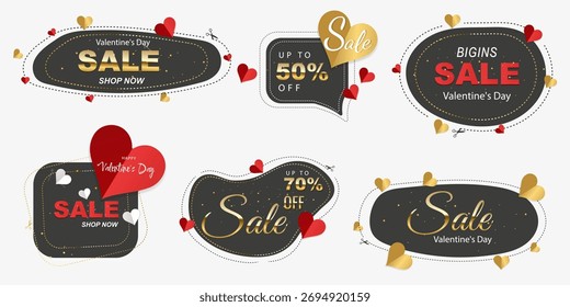 A set of elegant banners for a Valentine's Day sale. Black background, gold and red accents, hearts, and discounts. Perfect for advertising, web design, social media, and printing. Vector.