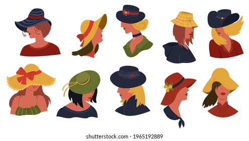 A Set of Elegant Beautiful Hats and Caps on Women Heads. Blue and yellow with red are colors of the Hats. Concept of Traditional Classic Casual Evening Headwear. Vector Cartoon illustration.