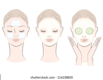 Set of elegant, beautiful woman with facial mask - Clay mask, Cotton pad mask,Cucumber slice mask. Isolated on white. Hand-drawn like style.