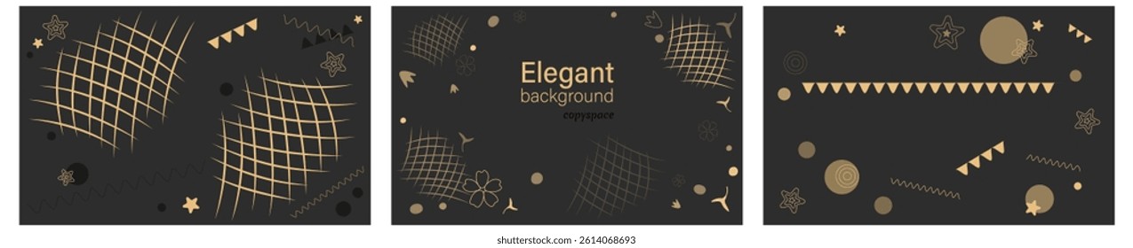 Set of elegant black backgrounds with gold elements. Choice vector horizontal editable background with space for copying. Various gold elements and shapes in flat style. Business design, business card