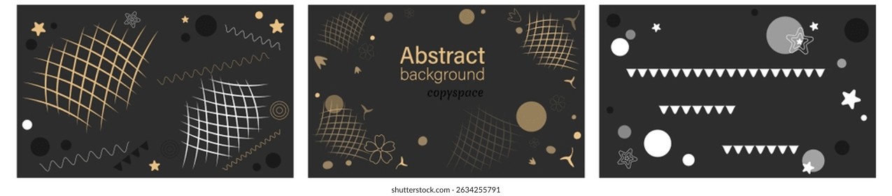 Set of elegant black backgrounds with gold and white elements. Horizontal vector banner copy space. Stylish gold, black and white elements and shapes in flat style. Luxury contrast design, business