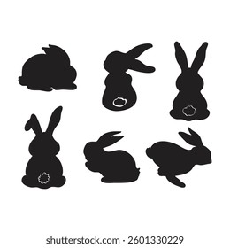A set of elegant black bunny silhouettes in various poses, perfect for Easter, wildlife, or decorative designs. Ideal for digital prints, festive projects, and creative illustrations.