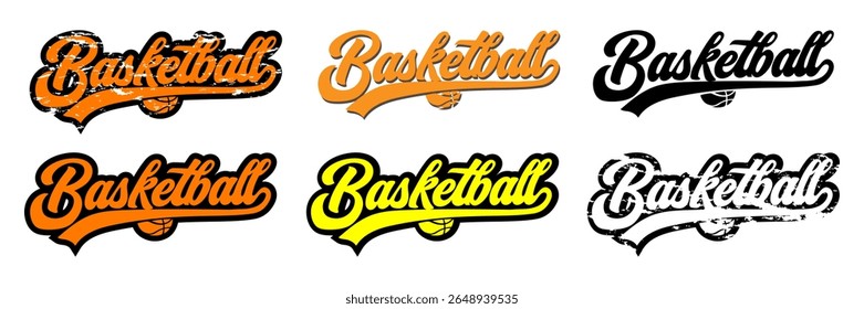 Set of Elegant black and color Basketball swoosh shapes with script text, grange, worn iscription on transparent background. Vector EPS10