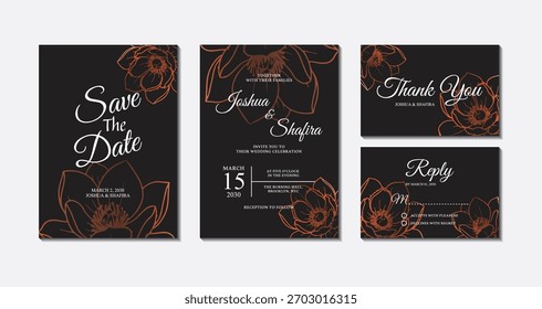 Set von eleganten schwarzen und kupferfarbenen Blumenlinien Kunst Hochzeit Einladungskarten einschließlich speichern Sie das Datum, danke, und rsvp Vorlagen