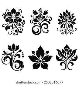 Set of elegant black floral ornaments. Decorative flower silhouettes for tattoos, stencils, and graphic design.