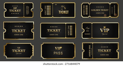 Conjunto de elegantes boletos y pases VIP en negro y oro. Plantillas de Vector de lujo para eventos premium, conciertos y cine. Incluye códigos de barras y estrellas. Ideal para invitaciones de acceso exclusivo.
