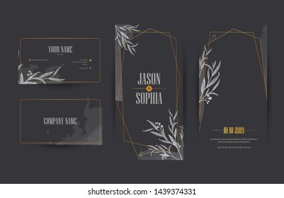 Set of elegant black and gold watercolor foliage business card and banner layout, wedding invitation, cover, flyer template