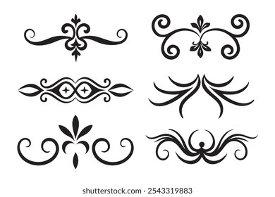 A set of elegant black and white decorative designs featuring diverse patterns and artistic elements flat vector illustration