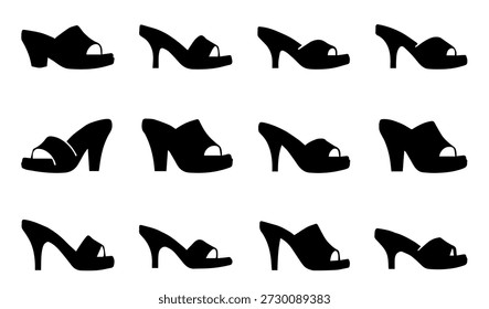 Set of elegant black and white high heel mule and slip-on shoe silhouettes for women's fashion and glamorous footwear
