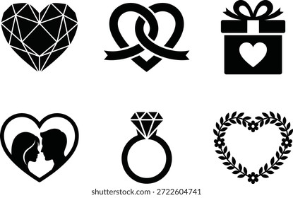 Conjunto de elegantes iconos de amor y Boda en blanco y negro para celebraciones