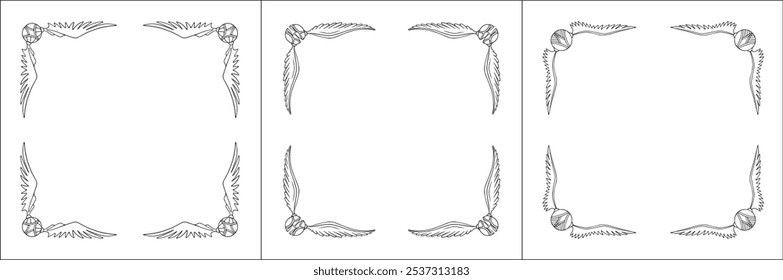 Set of elegant black and white monochrome snitch stylized ornamental corners. Snitch corners. Vector frame for all sizes and formats. Isolated vector illustration.	
