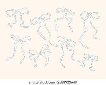 A set of elegant blue bows drawn with thin lines on a light background. Perfect for packaging design, wedding decor, textiles, greeting cards, prints, and fashion accessories.