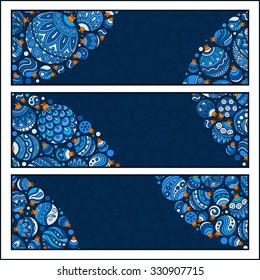 Set of Elegant Blue Christmas banners with doodle balls. Vector illustration