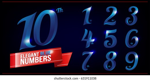 Set of Elegant Blue Colored  Metal Chrome numbers. 1, 2, 3, 4, 5, 6, 7, 8, 9, 10, logo design