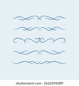 Set of elegant blue decorative vector dividers and flourishes on light background. Ornaments arabesque.