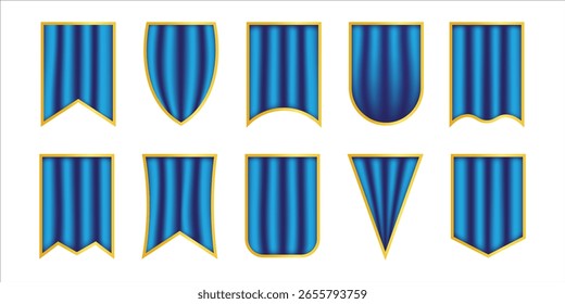Set of elegant blue and gold hanging banners with shield, pennant, pointed, concave, and double-edged shapes. Medieval heraldic style blank banner templates for awards, branding, sports teams, events, and decorative design.