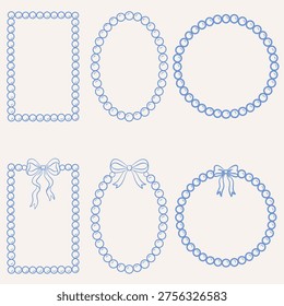 Set of elegant blue pearl frames and bead borders with ribbon bows for wedding design