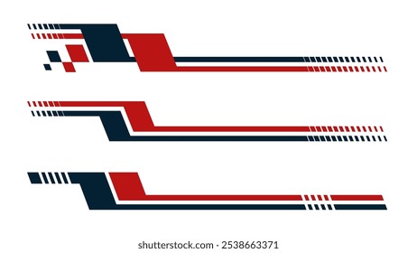 Conjunto de listras azuis elegantes do carro vermelho. Corridas de carros. Design de etiqueta de corrida. Elemento de vinil de decalque de esporte gráfico. Decoração de automóveis. Vetor de design de corrida
