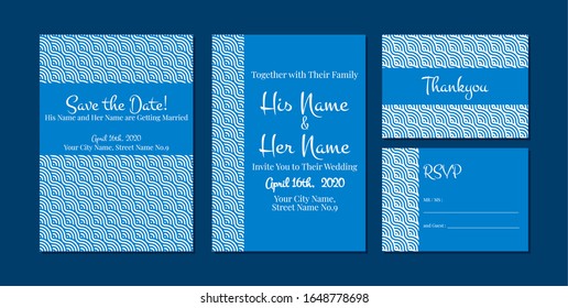Conjunto de elegantes invitaciones a la boda azul con patrón ondulado circular