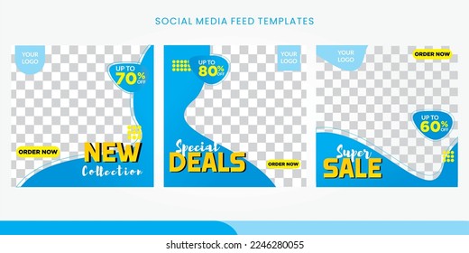Conjunto de elegante estilo abstracto azul y amarillo de la moda de medios sociales plantilla de publicación de banner, promoción, descuento, venta con marco de fotos.