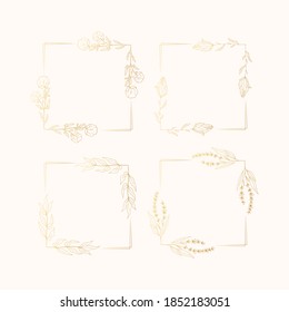 Set of elegant botanical golden borders for wedding invitation card. Floral square frames with ornate branches. Vector isolated gold spring flourish backgrounds.