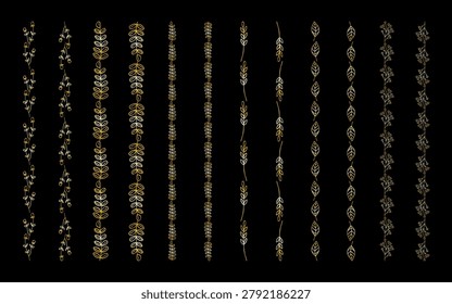 A set of elegant botanical vertical line elements featuring gold gradient leaves and foliage. Luxurious metallic-inspired accents create a refined atmosphere, ideal for borders, dividers, decorations, invitations, branding, and premium graphic designs. Vector illustration.