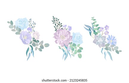 Set of elegant bouquets or bunches of dusty blue, pale pink flowers and twigs. Floral design in trendy pastel colors vector illustration