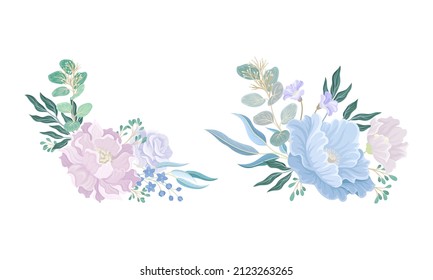 Set of elegant bouquets or bunches of dusty blue, pale pink wild flowers and leaves vector illustration