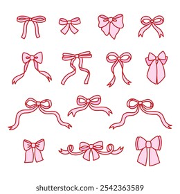 Set of elegant bow knots, gift bows. Collection of beautiful holiday decorative elements, festive present decor. Coquette pretty charming pink bow. Vintage hand drawn illustration