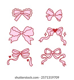 Set of elegant bow knots, gift bows. Collection of beautiful holiday decorative elements, festive present decor. Coquette pretty charming pink bows. Vintage hand drawn illustration