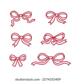 Set of elegant bow knots, gift bows. Collection of beautiful holiday decorative elements, festive present decor. Coquette pretty charming pink bows. Vintage hand drawn illustration