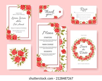 A set of elegant bright templates for the wedding. Red roses. For invitation, rsvp, save the date, frames, postcards in vintage style, design elements.