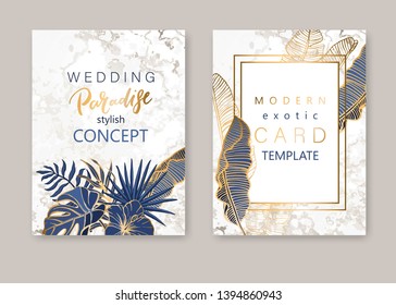 Set of elegant brochure, background, cover. Blue,  golden color style card. Marble texture. Geometric frame. Palm, exotic leaves. Save the date, invitation, birthday card design.