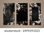 Set of elegant brochure, card, background, cover. Black and golden marble texture. Geometric frame. Flower, exotic leaves