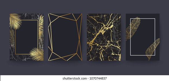 Set of elegant brochure, card, background, cover. Black and golden marble texture. Geometric frame. Palm, exotic leaves. 