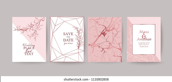 Set of elegant brochure, card, background, cover. Rose gold marble texture. Geometric frame. Hand drawn lily, flowers.