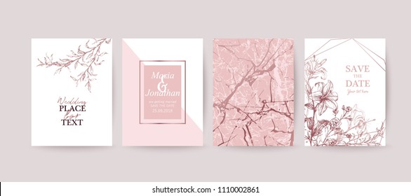 Set von eleganter Broschüre, Karte, Hintergrund, Abdeckung. Rose goldene Marmorstruktur. Geometrischer Rahmen. Handgezeichnete Lilie, Blumen.