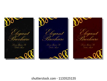Set of elegant brochure, card, background, cover. Black and golden marble texture. Geometric frame. Palm, exotic leaves. In 3 colours red, blue and black,
