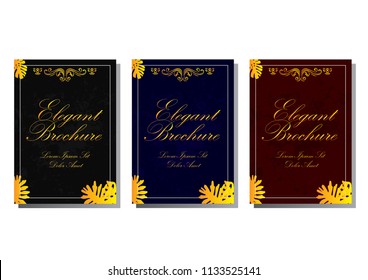 Set of elegant brochure, card, background, cover. Black and golden marble texture. Geometric frame. Palm, exotic leaves. In 3 colours red, blue and black,