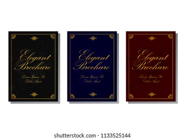 Set of elegant brochure, card, background, cover. Black and golden marble texture. Geometric frame. Palm, exotic leaves. In 3 colours red, blue and black,