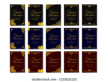 Set of elegant brochure, card, background, cover. Black and golden marble texture. Geometric frame. Palm, exotic leaves. In 3 colours red, blue and black,